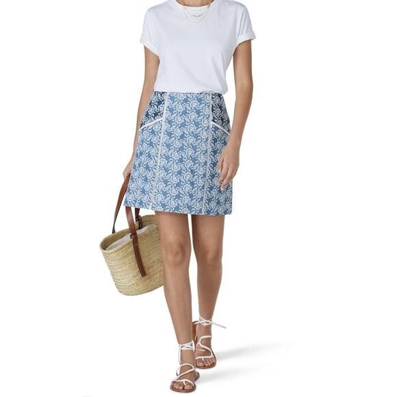SLATE & WILLOW Denim Skirt Embroidered Mini Women 6 Blue White BOHO lined‎ - Picture 1 of 15